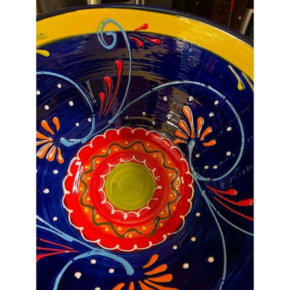 Hand-Painted Ceramic Bowl From Spain With Vibrant Blue Orange & Yellow Patterns - Picture 13 of 16